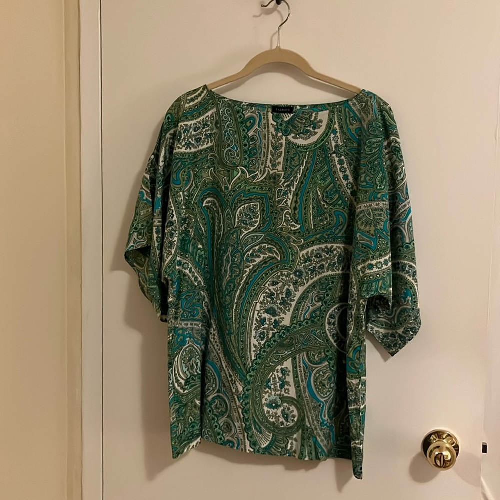 Green (or teal) paisley Talbots blouse with matching sash. Size M.